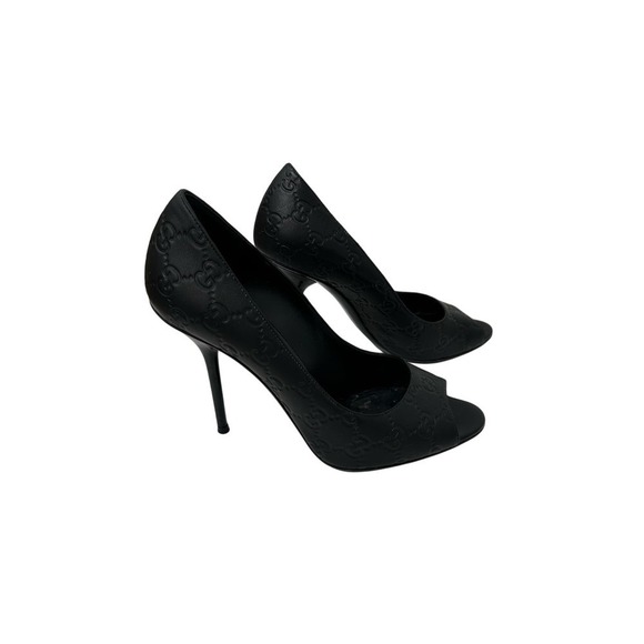 Gucci Size 9/39 Guccissima Black Leather Logo Open Toe Pumps - Picture 1 of 8